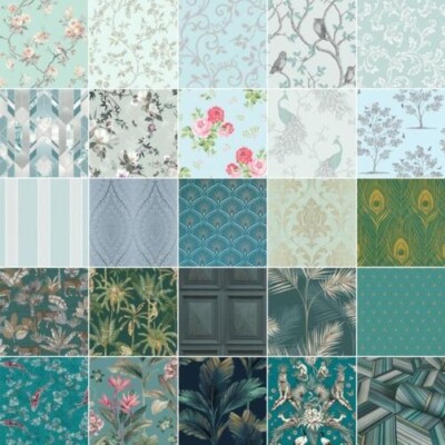 GREEN TEAL DUCK EGG WALLPAPER - GEOMETRIC FLORAL BIRDS DAMASK WOOD PANEL & MORE