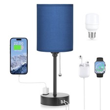 Blue Table Lamps with USB Ports, Pull Chain, AC Outlet, 3 Color Temps