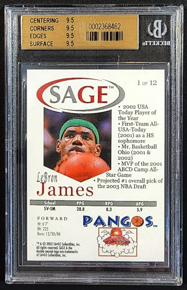LEBRON JAMES 2002 SAGE PANGOS ROOKIE CARD BGS 9.5 GEM MINT ULTRA RARE - Image 3 of 4