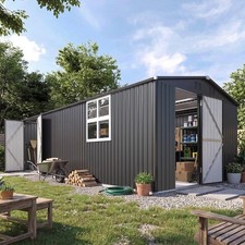10' x 20' Metal Outdoor Storage Shed, Double Doors, Windows, Dark Gray, Garden