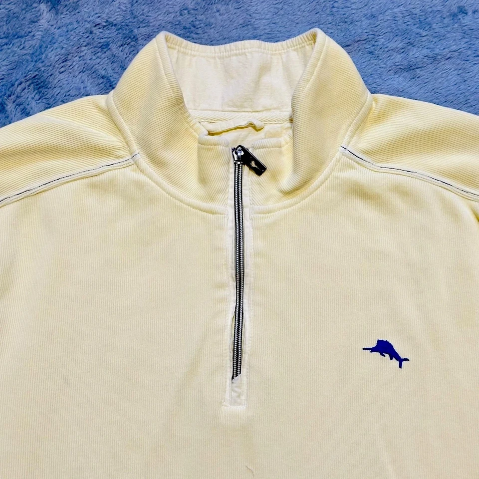TOMMY BAHAMA Sudadera Para Hombres XL Amarilla 1/4 Cremallera Cuello Simulado 100% Algodón Marlin Logo Foto 4 de 4