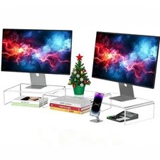 Clear Acrylic Monitor Stand Riser, 3 Shelves Adjustable Dual Monitor Stand wi...