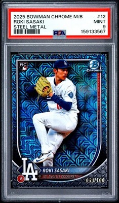 Bowman 2025 Chrome Roki Sasaki #12 Steel Metal Mojo /100 RC PSA 9 Ships Next Day
