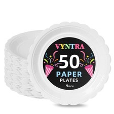 Vyntra White 9 Inch Scalloped Paper Plates, 50 Count Heavy Duty Microwave Saf...