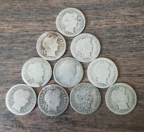 Lot Of 10 Barber Dimes - Various Dates & Mints - 90% Silver