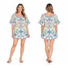 Flying Tomato Womens Cream Multi Color Boho Off Shoulder Bell Sleeve Mini DressL