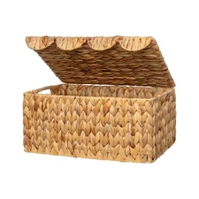 Wicker Basket with Scalloped Edge Lid, Water Hyacinth Basket with Built-in Ha...
