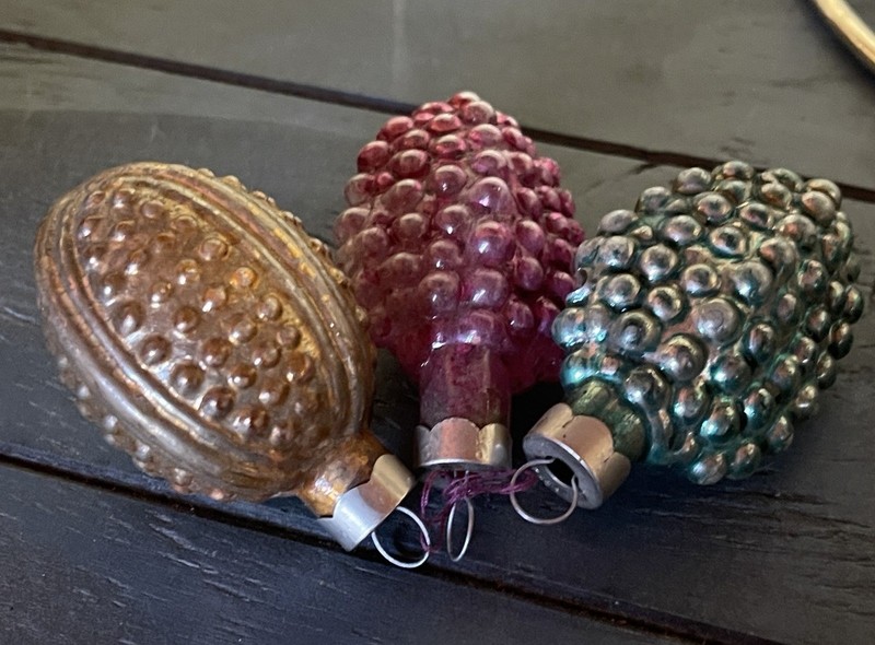 (2)Vintage Glass Grape & (1) Acorn Ornaments Made In U.S. Of A