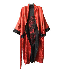Red Black Reversible Embroidered Asian Chinese Dragon Silk Kimono Robe Unisex L