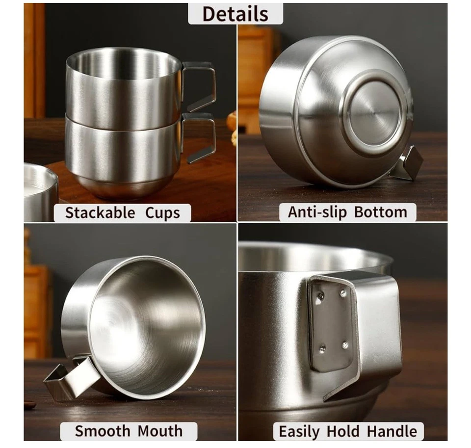 Juego de tazas de café de acero inoxidable - 2 tazas apilables de 250 ml con cucharas, antideslizante B Foto 3 de 4