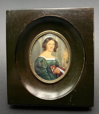 Antique 19C Miniature Portrait Lady Anna Hillmayer Empire Frame Bavarian
