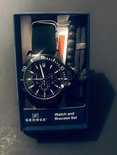 George Men's Chronograph Quartz Watch & Bracelet Set Black Rubber Strap w/Box