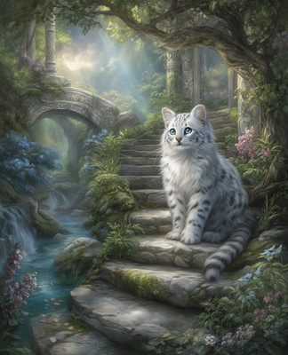 8x10 Cat On Stone Steps In Forest Art Print Wall Decor - 217783011