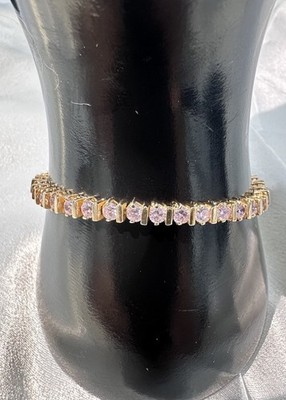 Signed CL Sterling Silver 925 Vermeil Pink CZ Crystal Tennis Bracelet 6.75 