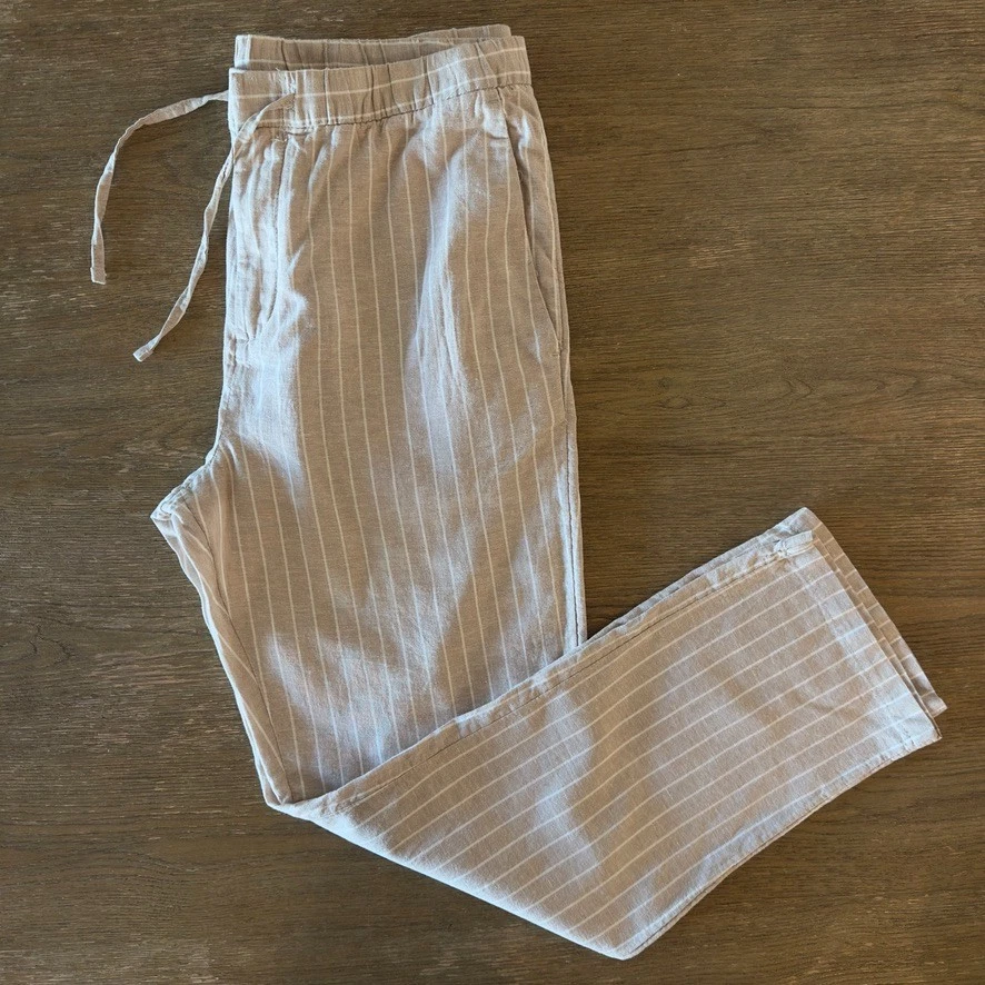 NUEVO H&M Pantalón Edición Limitada Rayas Lino Mezcla Algodón-Cintura Elástica-Beige-Talla M