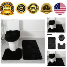 Black Bathroom Rug Set 3 Piece Bath Mat Solid Washable Floor Mats U-Shaped
