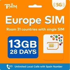 Europe Travel SIM Card – 13GB 5G Data & Unlimited Local Calls in 31 Countries...