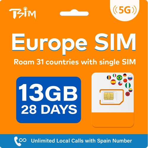 Europe Travel SIM Card – 13GB 5G Data & Unlimited Local Calls in 31 ...