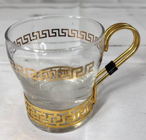 Vintage MCM Kaffee Tee Glas Tassen Griechisches Schlüssel Muster Gold Metall Halter Libbey 5 - Bild 5 von 9