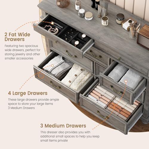 Farmhouse 9 Drawers Dresser for Bedroom, 47" Wide Wood Rustic Chest of 9 - Picture 6 of 8