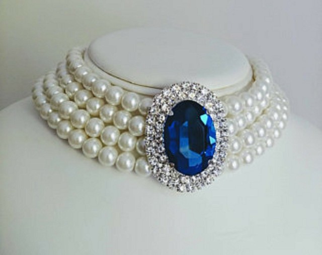 Princess Diana Pearl Chocker Necklace Replica 4 Row Diamond/Sapphire