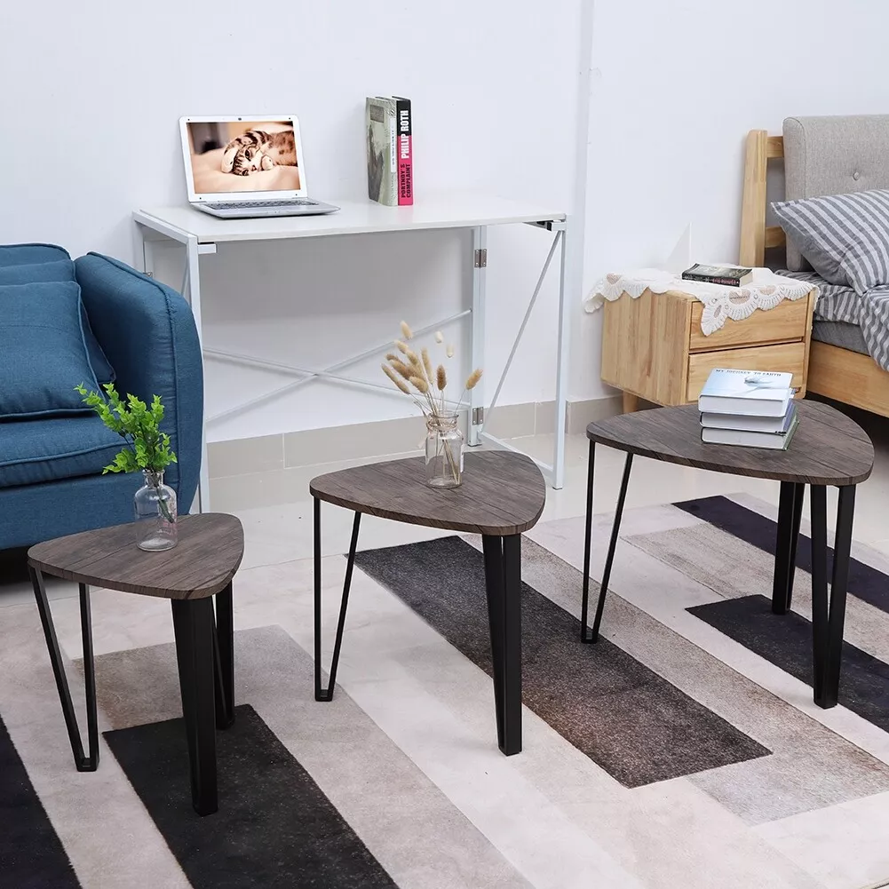 Set of 3 Nesting Coffee Table Industrial Triangle Tea Side End Table Metal Legs