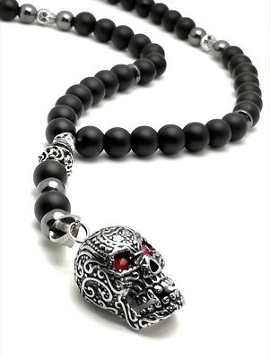 Herren Schwarz Halskette totenkopf Onyx Edelstein skull Rosenkranz Bikerkette - Bild 1 von 4