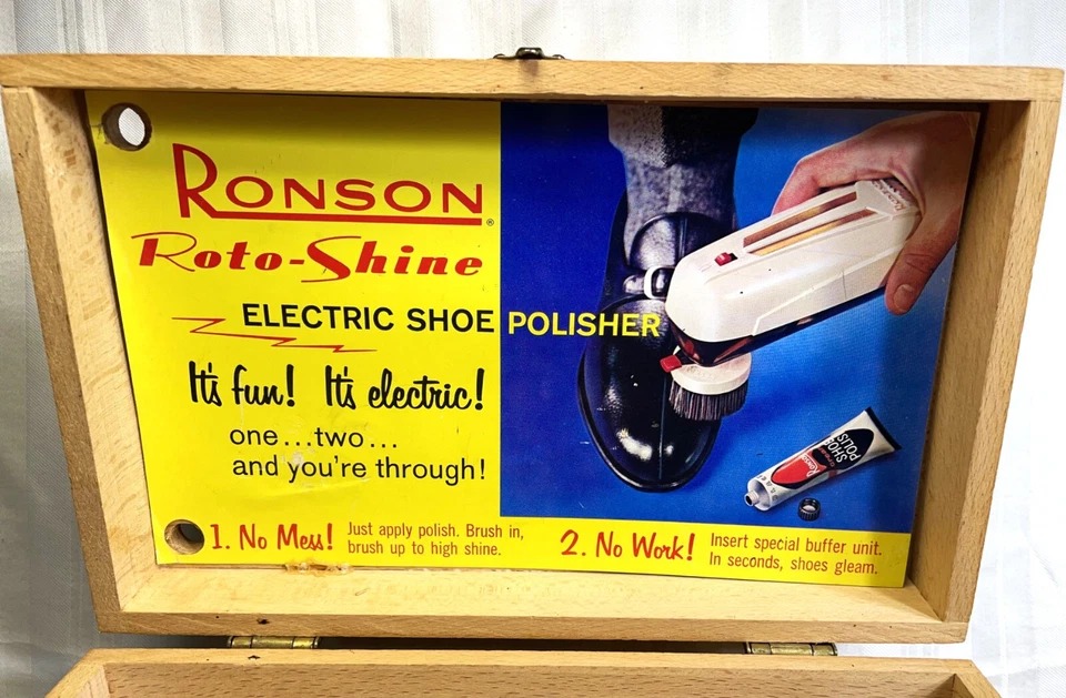 Vintage, Ronson, Caixa de Brilho de Sapato de Madeira Cauda de Pomba, Com Polidor Elétrico, Escovas - Imagem 3 de 4