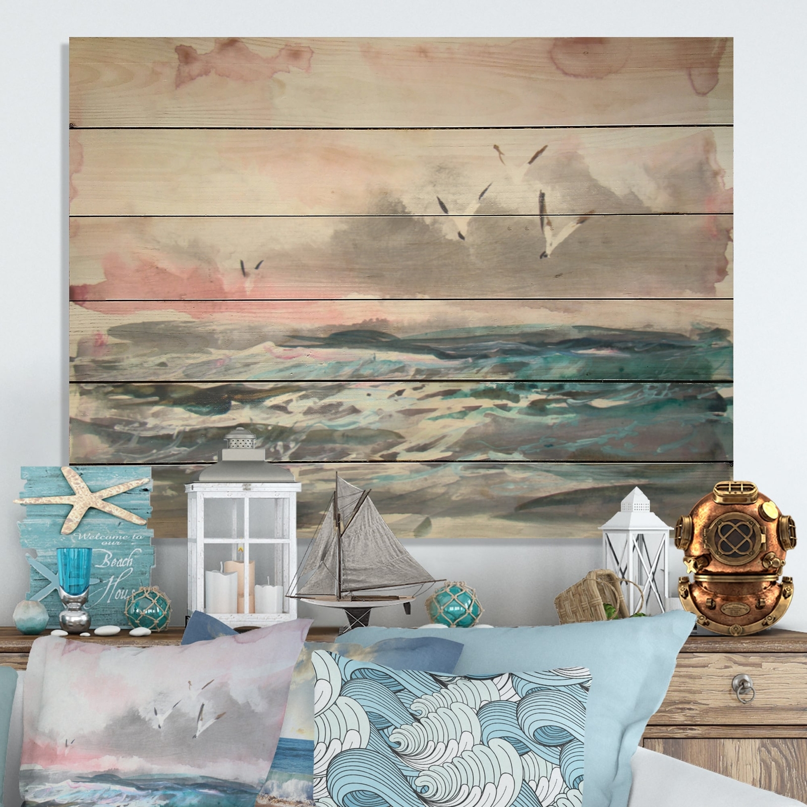 Designart 'Wave And Sea Gulls IV' Nautical & Coastal Wood Wall Art - Natural
