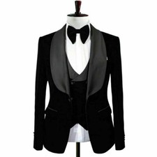 Men 3Pcs Black Velvet Slim Fit Suit Groom Tuxedo Wedding Prom Party Suit Custom