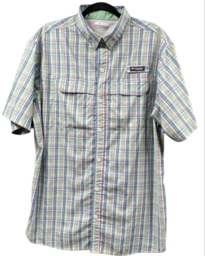 Columbia PFG belüftetes Angelhemd Herren Large grün kariert Kurzarm Omni Shade