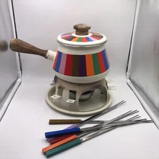 Vintage MCM Fondue Set Complete Colorful Striped Enamel Wood Handle
