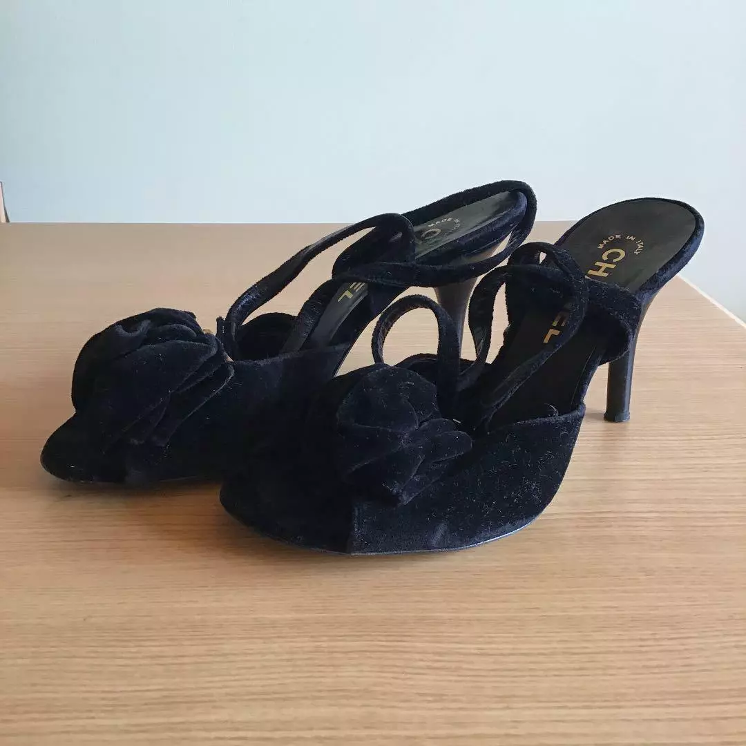 CHANEL Camellia Suede Leather Heel Sandals Mules Women EU 37 Black From  Japan