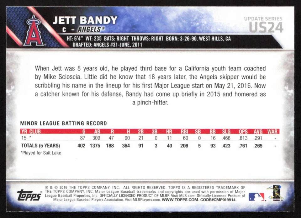 2016 Topps Update Jett Bandy #US24 Rookie Los Angeles Angels - Image 2 of 2