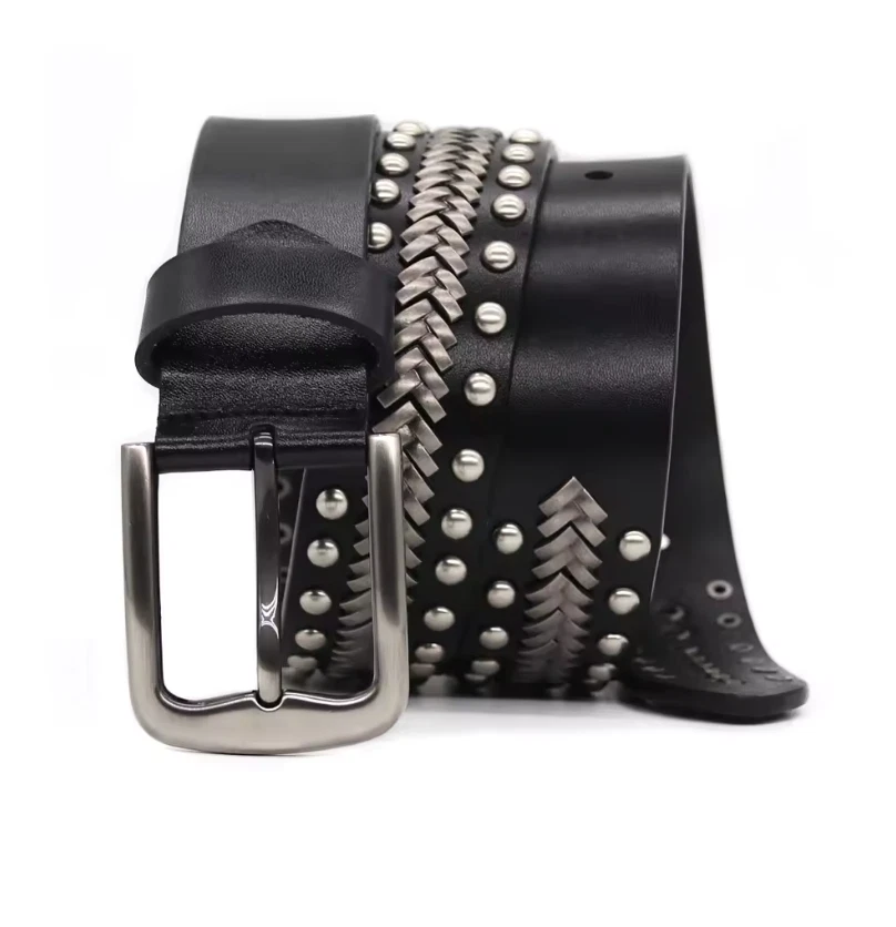 Cinturón de cuero tachonado negro 115 cm punk rock gótico motociclista metal remache occidental Foto 3 de 4