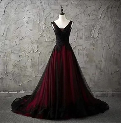 Black and Red V-Neck Lace Long Prom Dress, Beautiful A-Line Evening Party Dress US 12 / Black and Red Black and Red V-Neck Lace Long Prom Dress, Beautiful A-Line Evening Party Dress US 12 / Black and Red