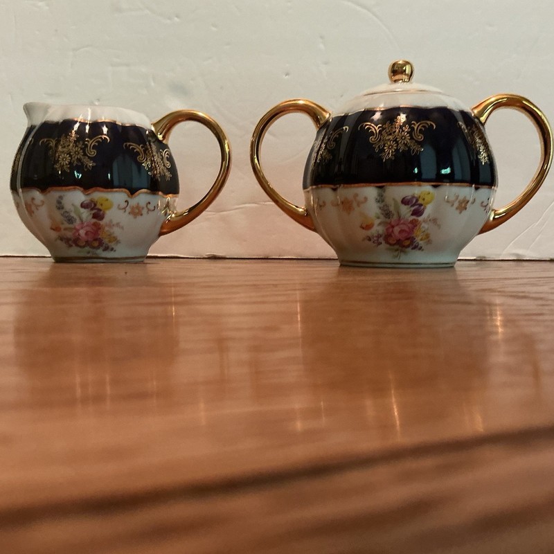Casati" Replacement Cobalt, Gold & White W/Floral Design Creamer &Sugar Bowl