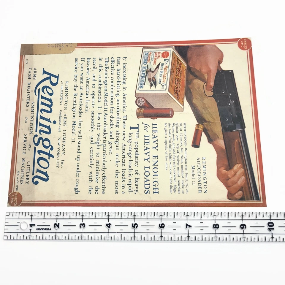 Anuncio de anuncio de caza Remington 1928 vintage • Rifle modelo 11 • Carga de pato Foto 4 de 4
