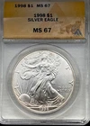 1998 1 oz Silver American Eagle MS67 ANACS Toning Rare Year!!