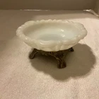 Vintage Milk Glass Trinket Jewelry Change Holder Ashtray Metal Stand