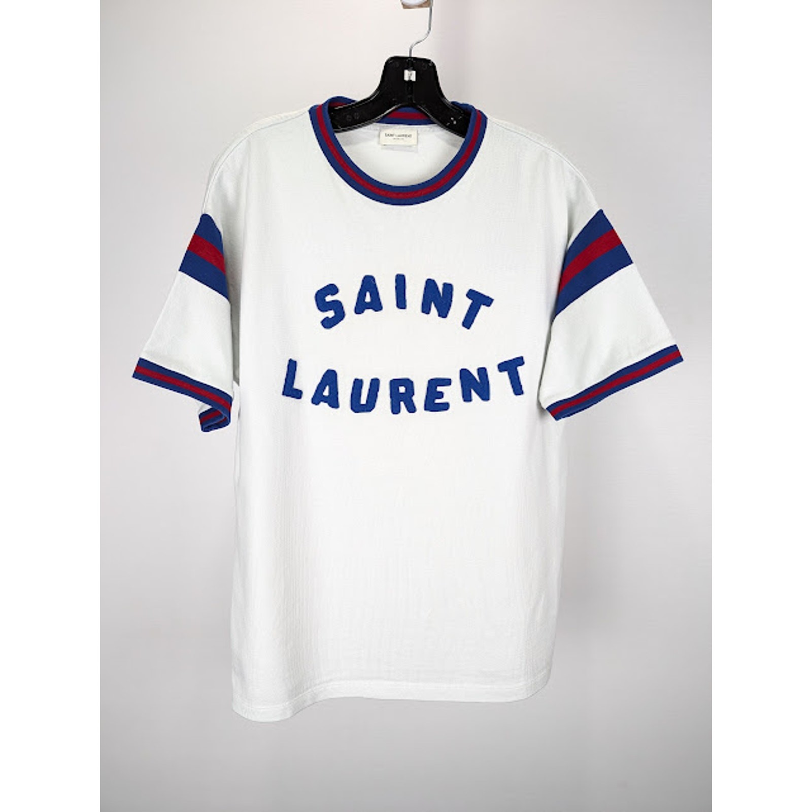 Saint Laurent Paris Patch Jersey Sport Vintage T Shirt in Ecrù Blu Roug Nuova con etichette S