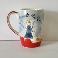 Whittard of Chelsea Tea with the Queen Mug Handpainted Red Blue British 8 oz