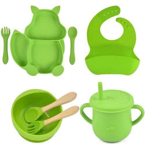 8PCS/Set Baby Sucker Bowl Plate Cup Bibs Spoon Fork Sets Children Feeding Dishes - Picture 44 of 51