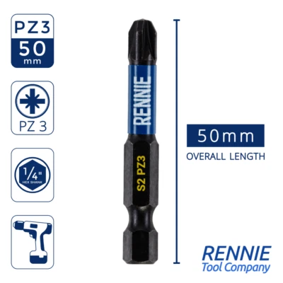 RENNIE TOOL COMAPNY 5 x PZ3 50mm Long Magnetic Impact Duty Screwdriver Drill Driver Bits Pozi NO.3