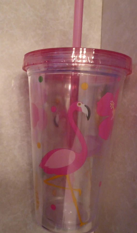 Tampa alta de palha rosa FLAMINGO Florida cálice plástico vidro piscina amigável Luau - Imagem 3 de 4
