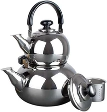 Double Tea Kettle Stainless Steel Teapot 2-Pc Set 3-Ltr + .8-Ltr Pot Samovar ...