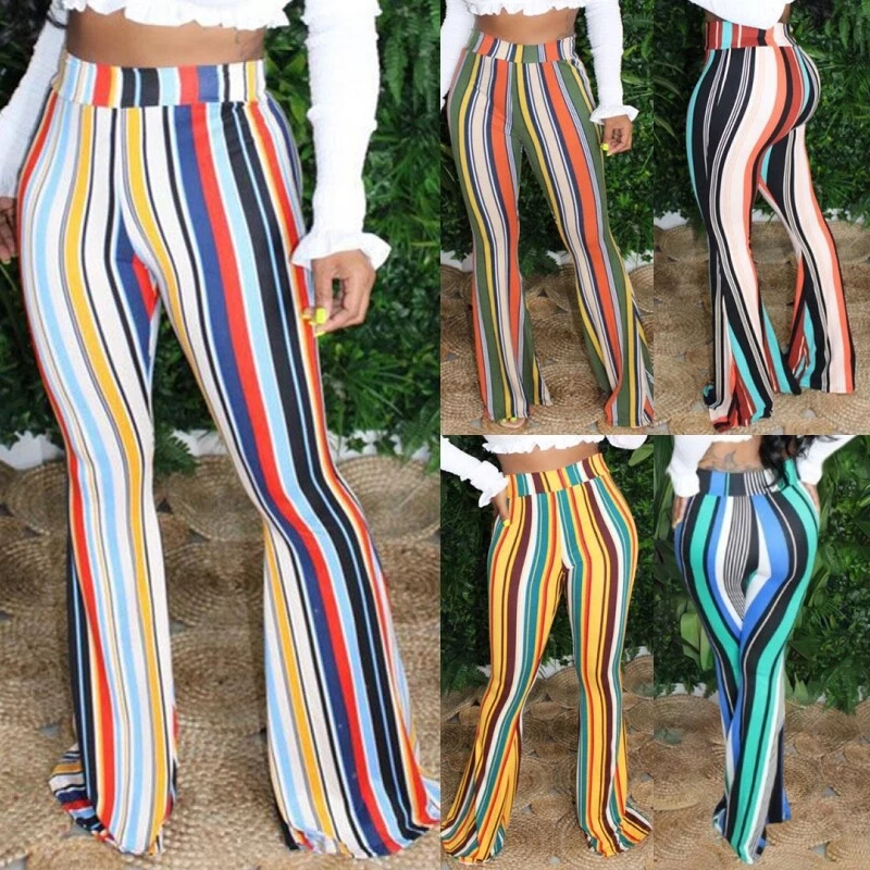 Women Bell Bottom Striped Flare Pant Ladies Stretch Yoga High