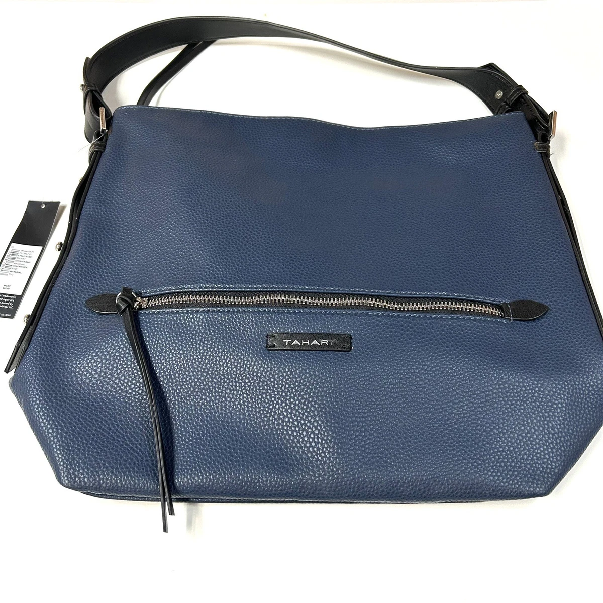 NEW Tahari Women s Purse Bucket Shoulder Bag Black Blue Faux Pebbled Leather