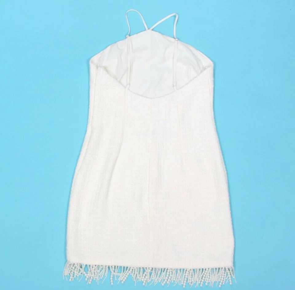 JASON WU Tweed Textured Knit Pearl Bead Fringe Bridal Mini Dress Ivory Sz M /498 - Image 3 of 4