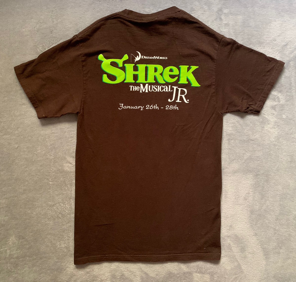 Shrek The Musical JR T-Shirt Men’s Small Brown Green Beware Ogre Sign Dreamworks